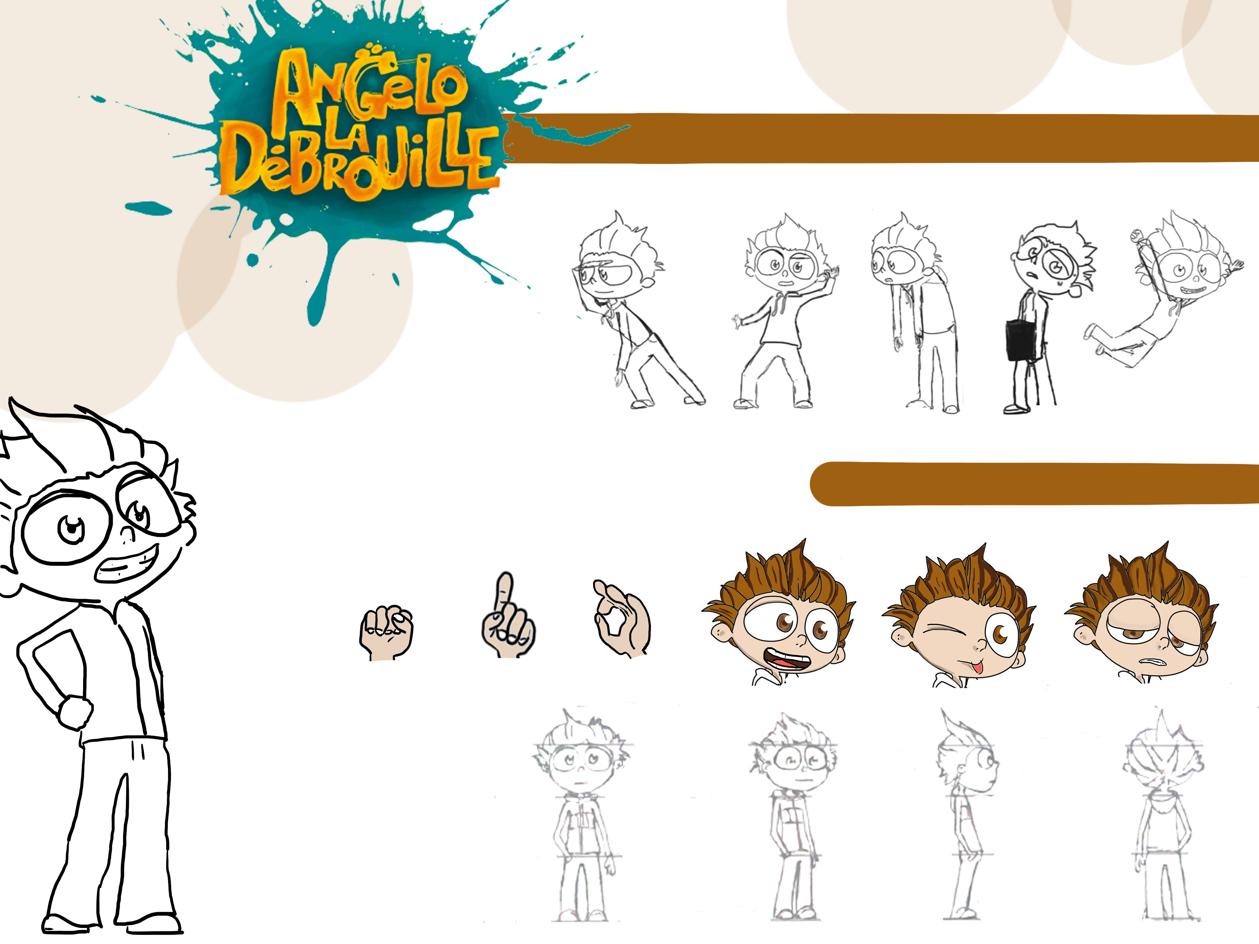 Model sheet du personnage Angelo : poses, expressions et turnaround