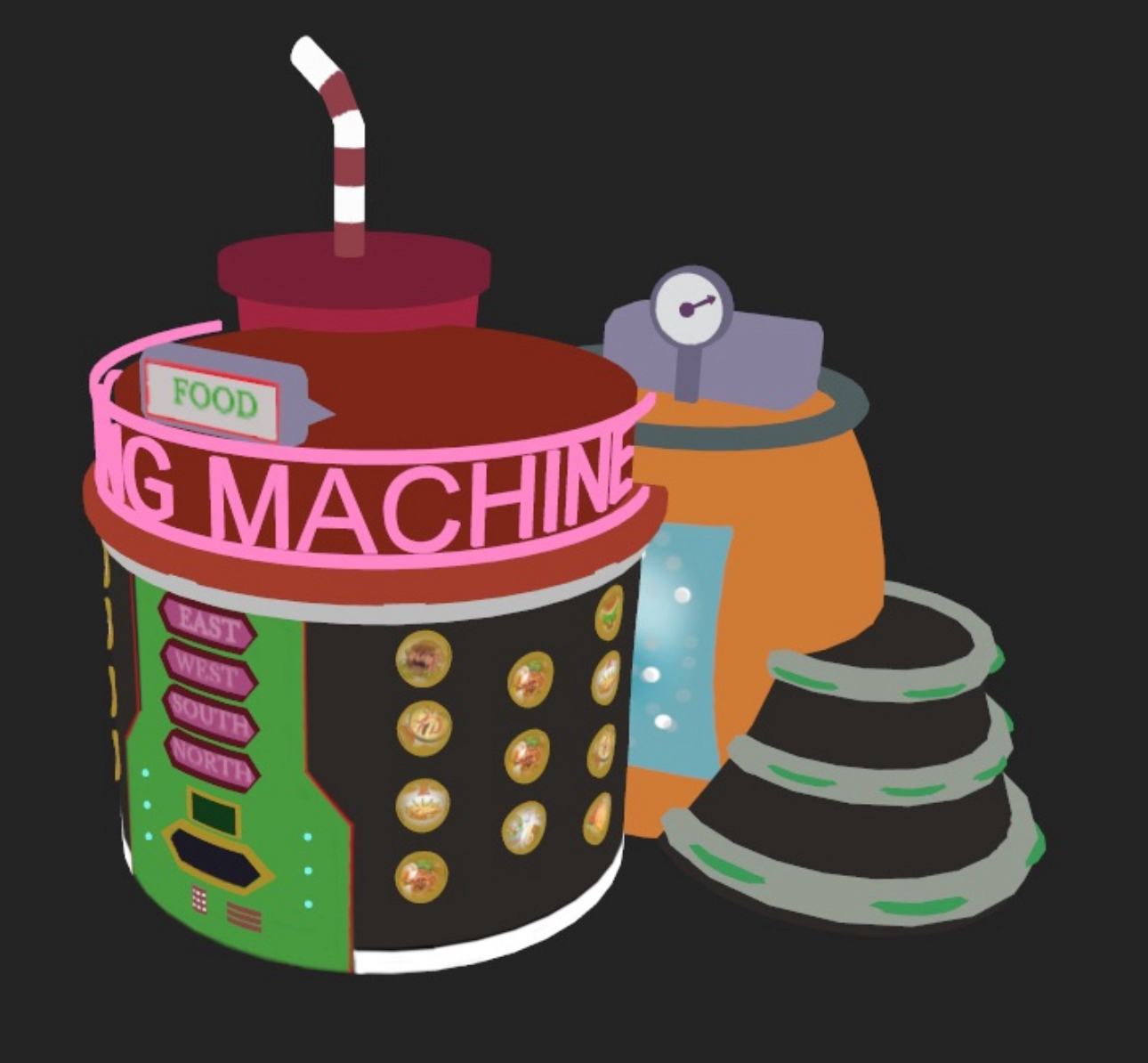 Machine à cuisiner cartoon avec enseigne néon