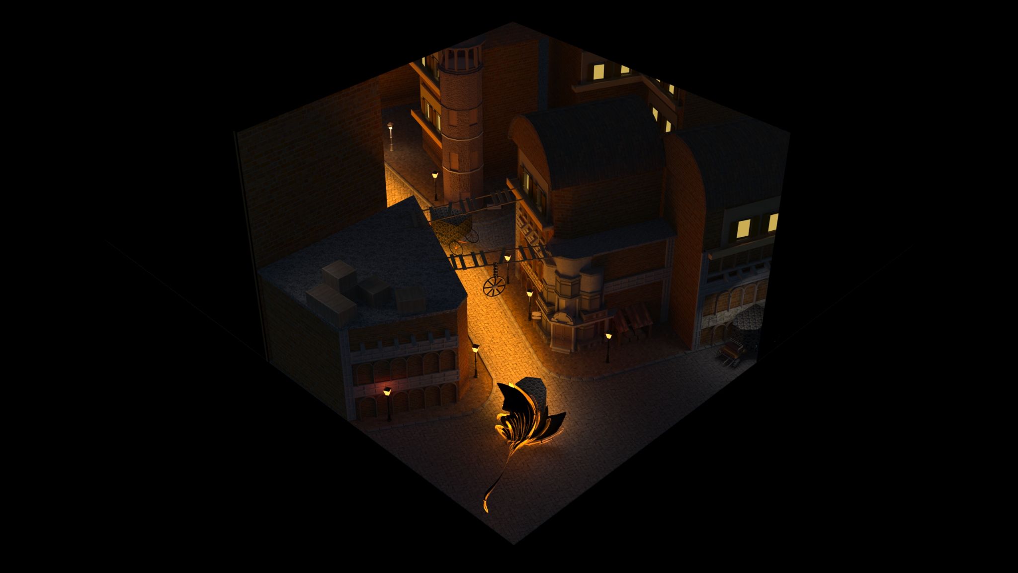 Diorama 3D d'une rue de nuit éclairée aux lampadaires