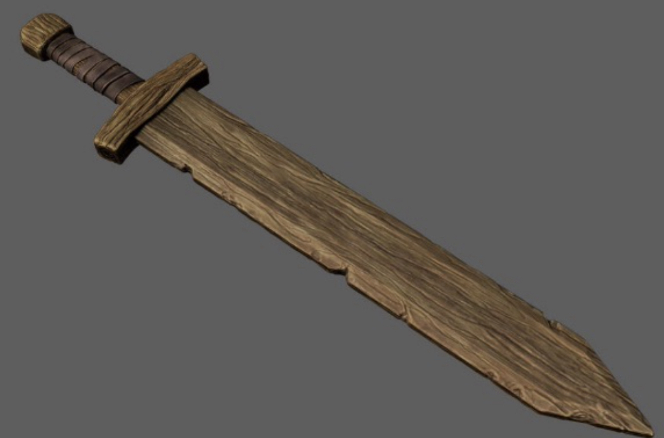Épée en bois stylisée, sculptée et texturée