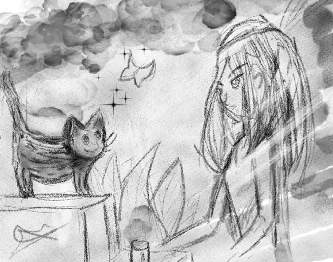Illustration au crayon et lavis : personnage, chat et papillon